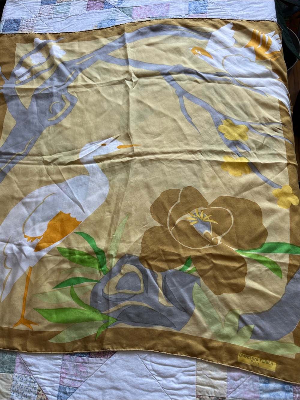 W—Floral & Crane Silk Scarf in Mustard, White, Gray